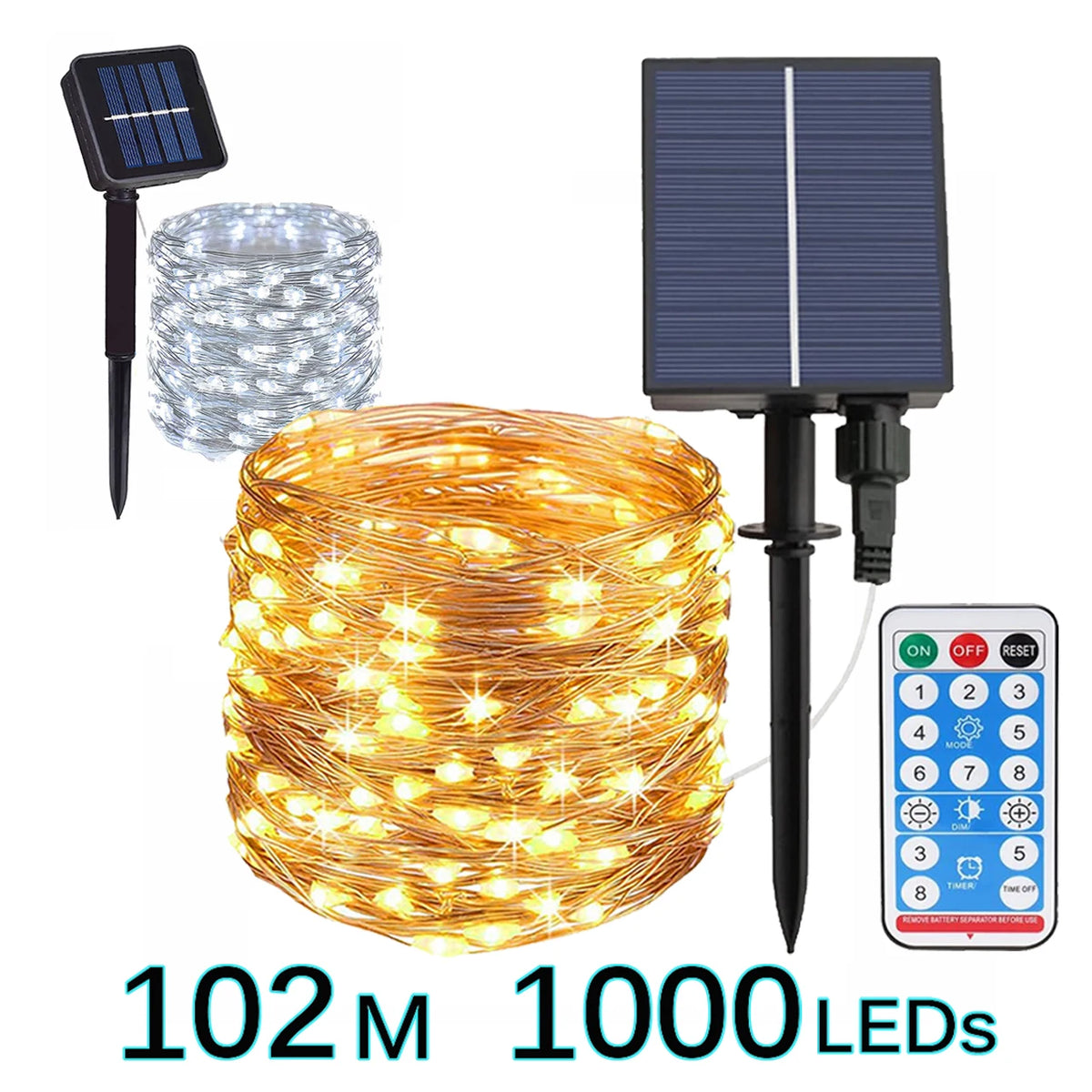 guirlande lumineuse solaire blanc chaud 50 led 7m fixation piquet controle distant moderne