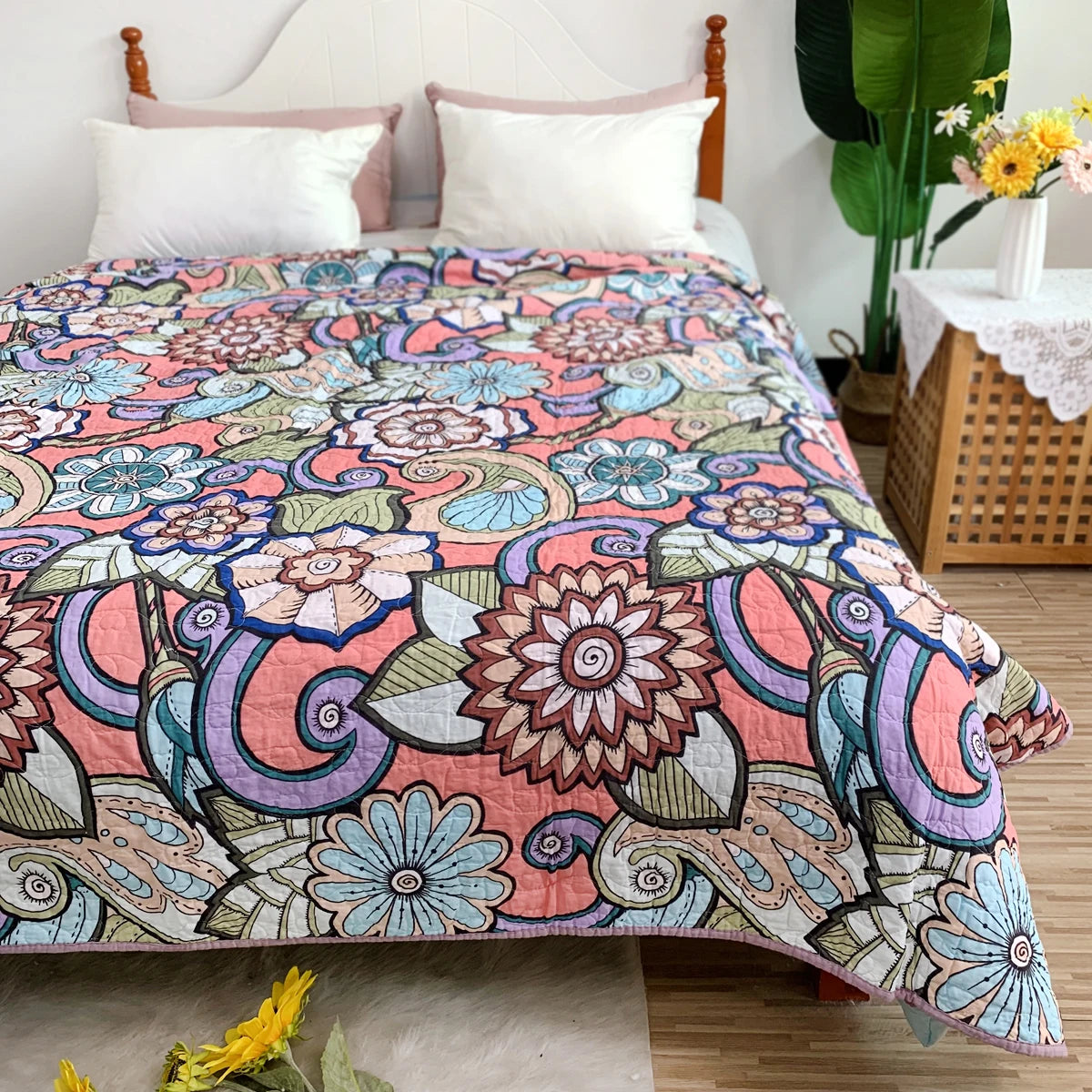 couverture patchwork coton polyester géométrique bohème motifs floraux ethniques 230x250cm