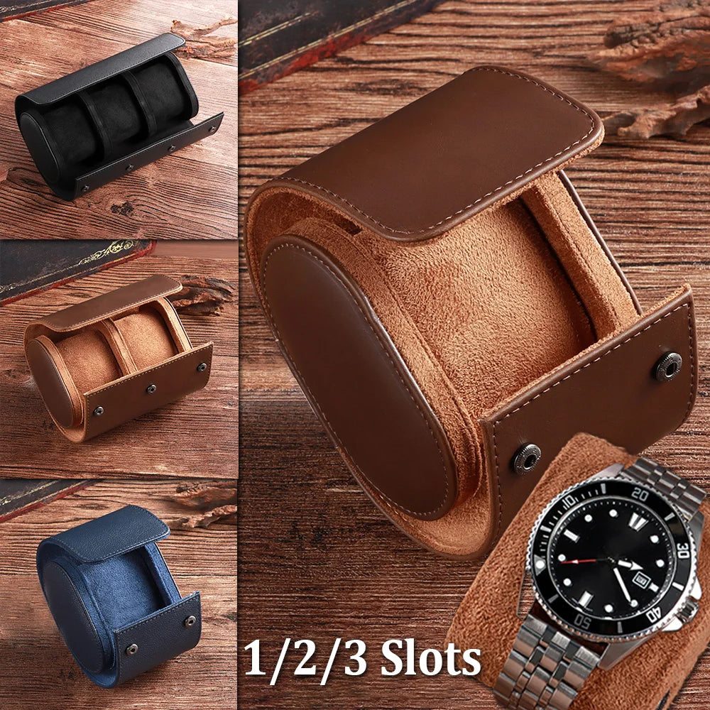 boîte montres vintage simili cuir marron bleu clips métalliques coussins amovibles slots