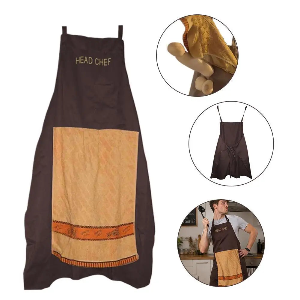 tablier cuisine coton marron beige brodé poche élastiques classique décontracté