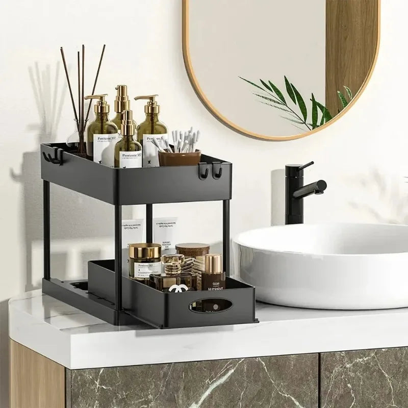 étagère rangement sous évier noire deux niveaux panier coulissant salle bain