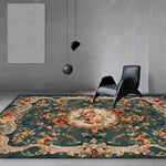 Tapis de sol décoratif en motif floral coloré posé sur le sol d'un intérieur minimaliste avec des éléments de design moderne.
