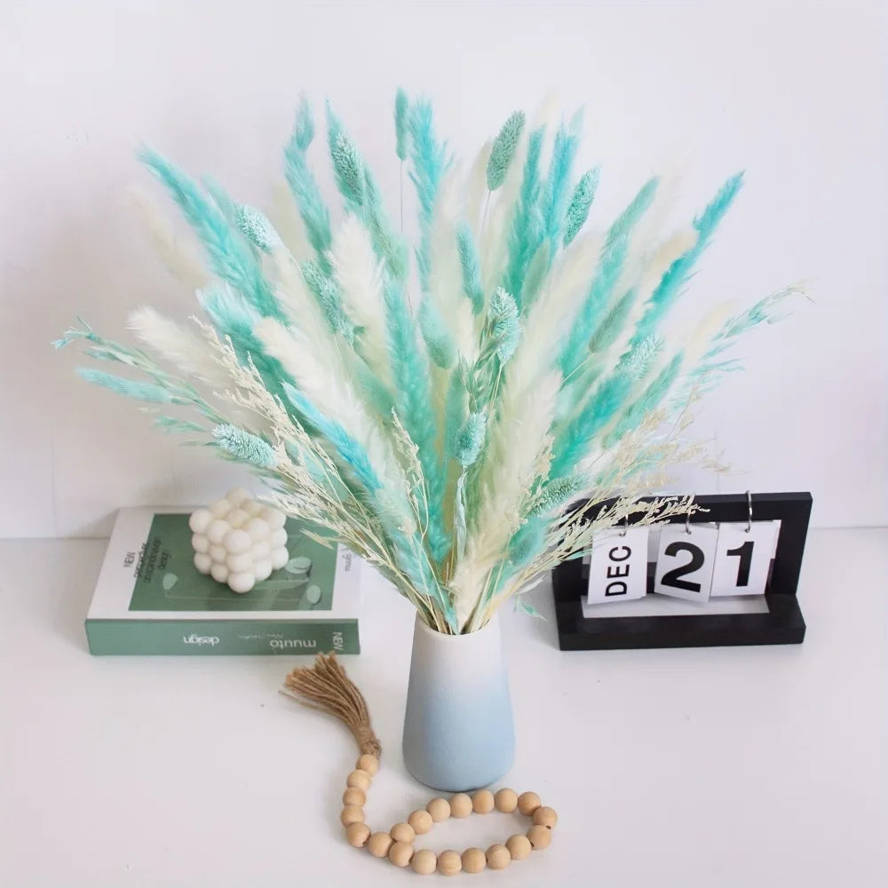 décoration intérieure bouquet pampas bleu blanc naturel vase bougie éléments