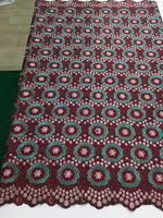 tissu dentelle brodée fleurs concentriques vert olive rose noir opacité occasionnelle africaine