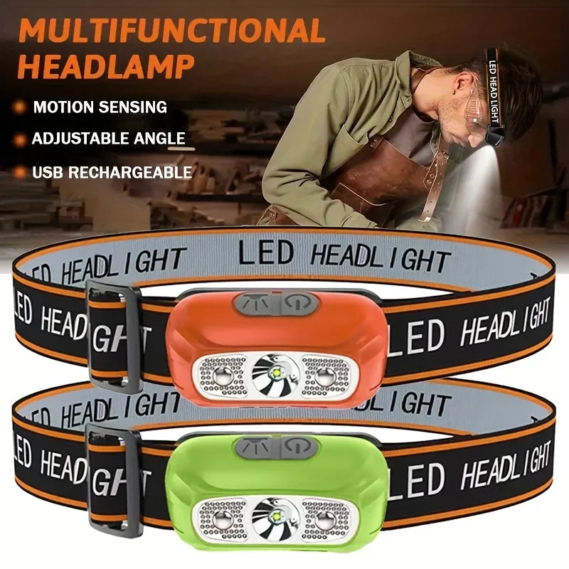 lampe frontale led rechargeable sensor switch ceinture élastique mode pratique orange vert noir