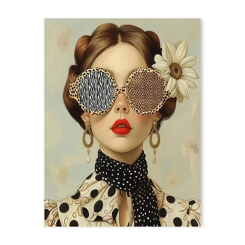 tableau toile art fleurs papillons lunettes moderne décoration mur salon cadre bois