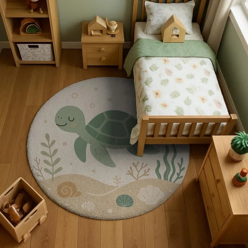 tapis rond tortue souriante algues coquillages moderne gris clair vert chambre enfant 80x80cm 120x120cm