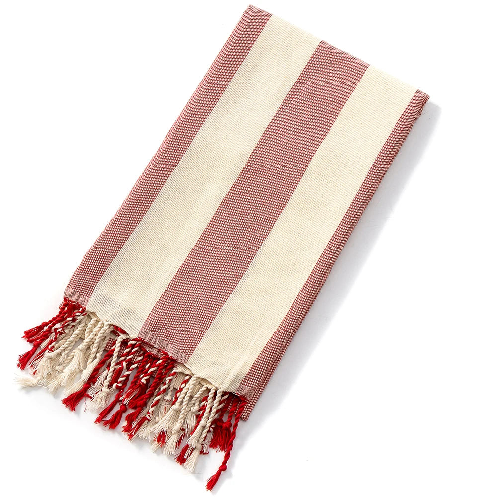 serviette plage coton vert clair beige rayures moderne absorbante entretien facile océan noël franges