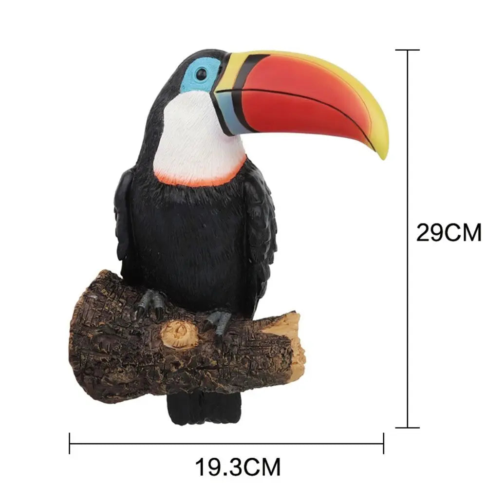 statue toucan résine plumes décorative branche bois tropicale extérieur plantes Jaune Vert Rouge Bleu