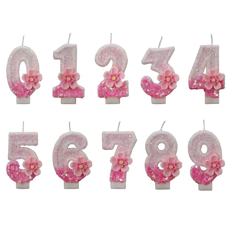 bougies numériques chiffrage blanc rose pailletées fleurs relief anniversaire décoration gâteau festif