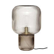 lampe table moderne transparente fumée striée verticale minimaliste base métallique dorée câble noir