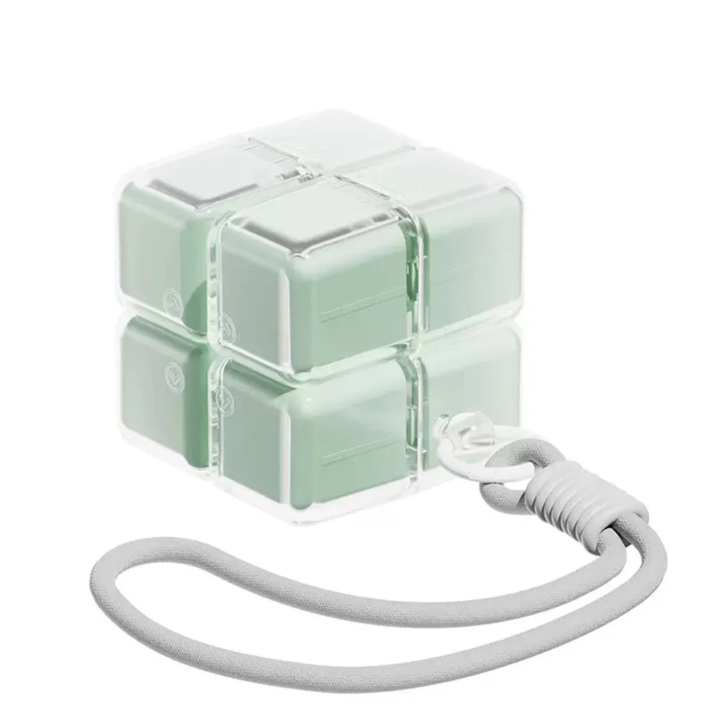 cube rangement médicaments violet blanc vert jaune moderne compartiments cordelette portable organisation