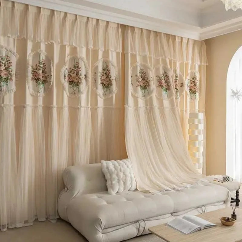 rideaux fleuris semi transparents classiques polyester anneaux chambre coucher
