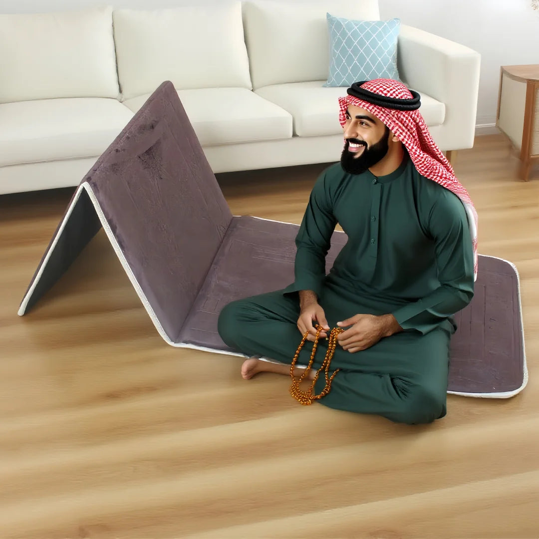 tapis prière musulman pliable velours antidérapant gris blanc moderne voyage usage intérieur extérieur İslam