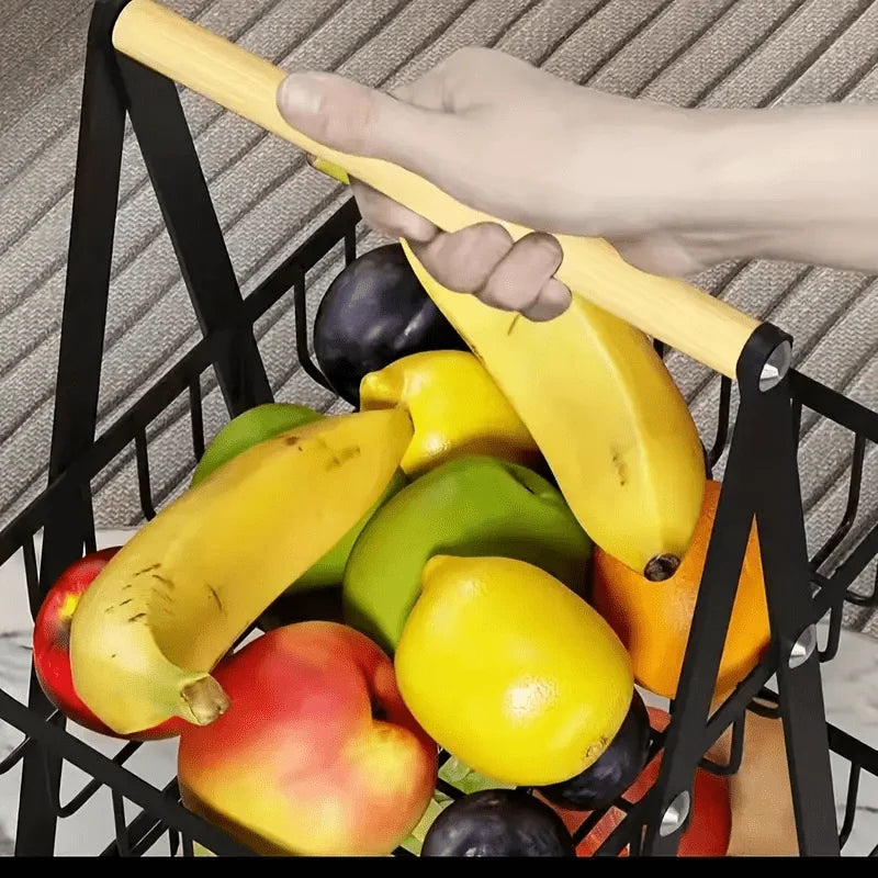 panier fruits noir maille métallique moderne vis poignée bois structure solide