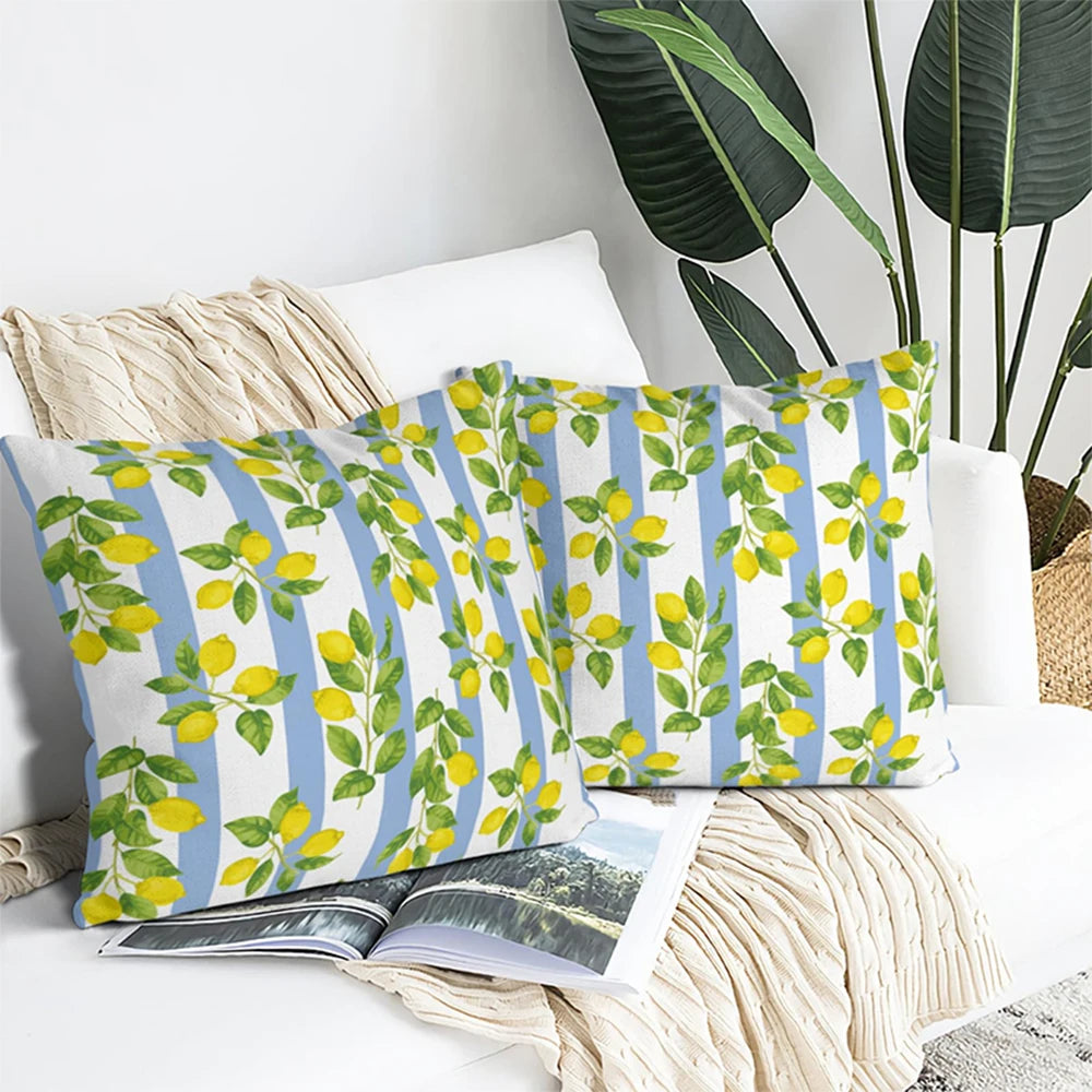 coussin décoratif carré motif citronnier bleu jaune vert moderne canapé salon intérieur extérieur