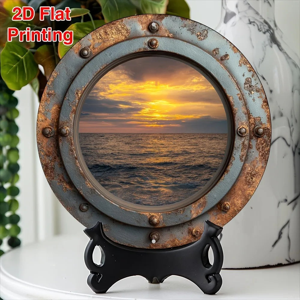cadre mural vintage océan coucher soleil bleu gris marron bordure métallique vieillie 20x20cm