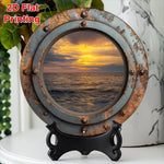 cadre mural vintage océan coucher soleil bleu gris marron bordure métallique vieillie 20x20cm