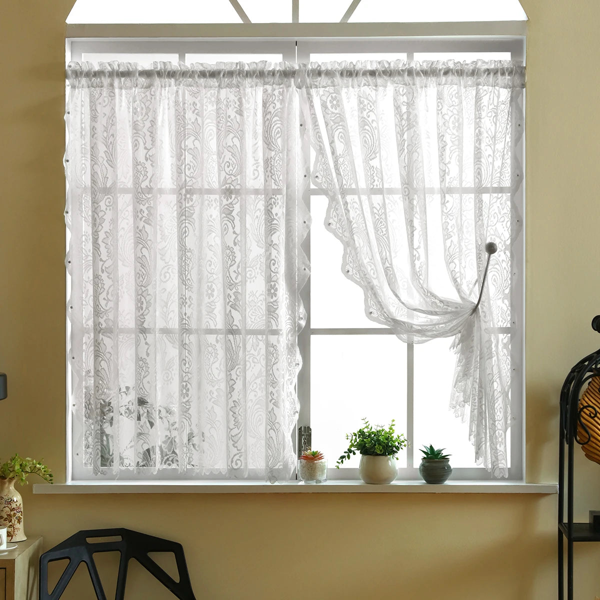 rideau fenêtre dentelle florale transparent champêtre couleur blanche verte chambre salon