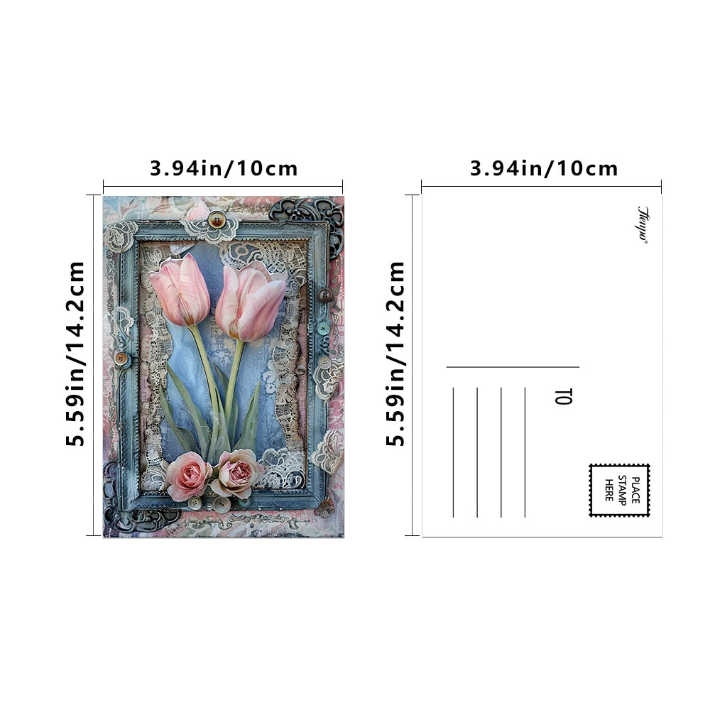 cartes postales fleurs vintage romantique lys pivoines marguerites dentelle cadre ancien bleu rose