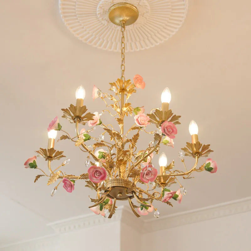lustre suspendu led rose céramique fleurs cristaux classique interrupteur tactile chambre salon