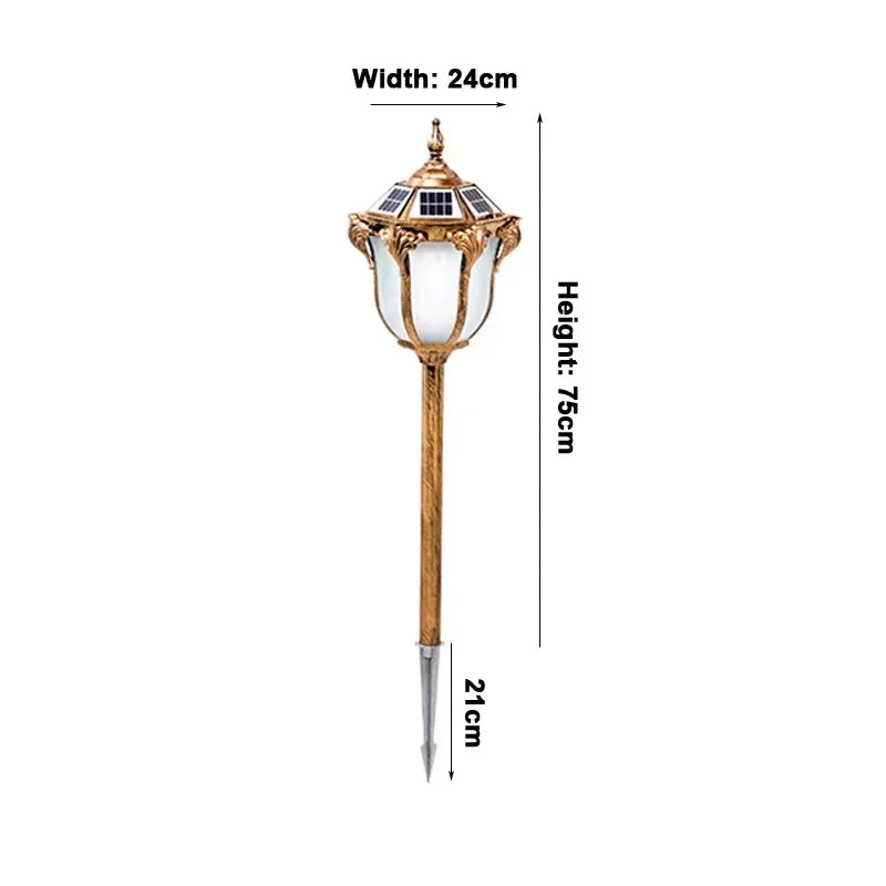 lampe solaire extérieure or noir classique ornements dorés panneaux solaires pied métallique autonomie led