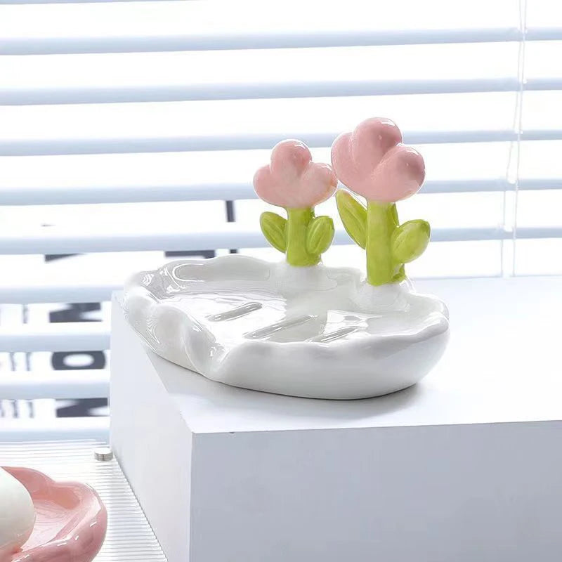 support savon moderne fleurs roses blanc vert salle bain antidérapant drainage accessoire décoration