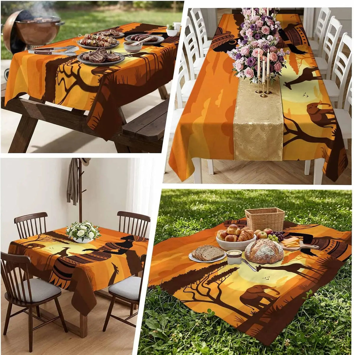 nappe table moderne africaine animaux éléphants paysage coucher soleil orange marron beige festiveextérieur