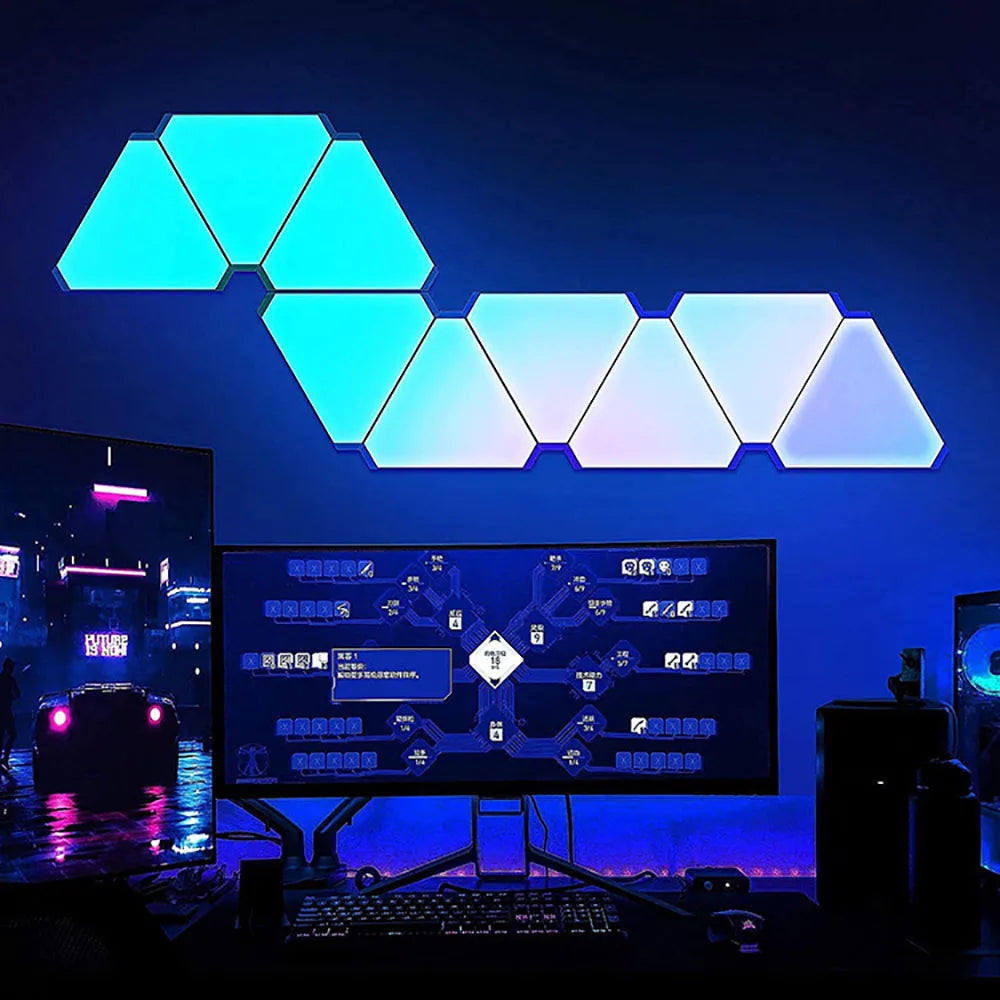 lampe led modulable hexagonale geometrique bleu blanc jaune contemporaine minimaliste fixee adhésive télécommande