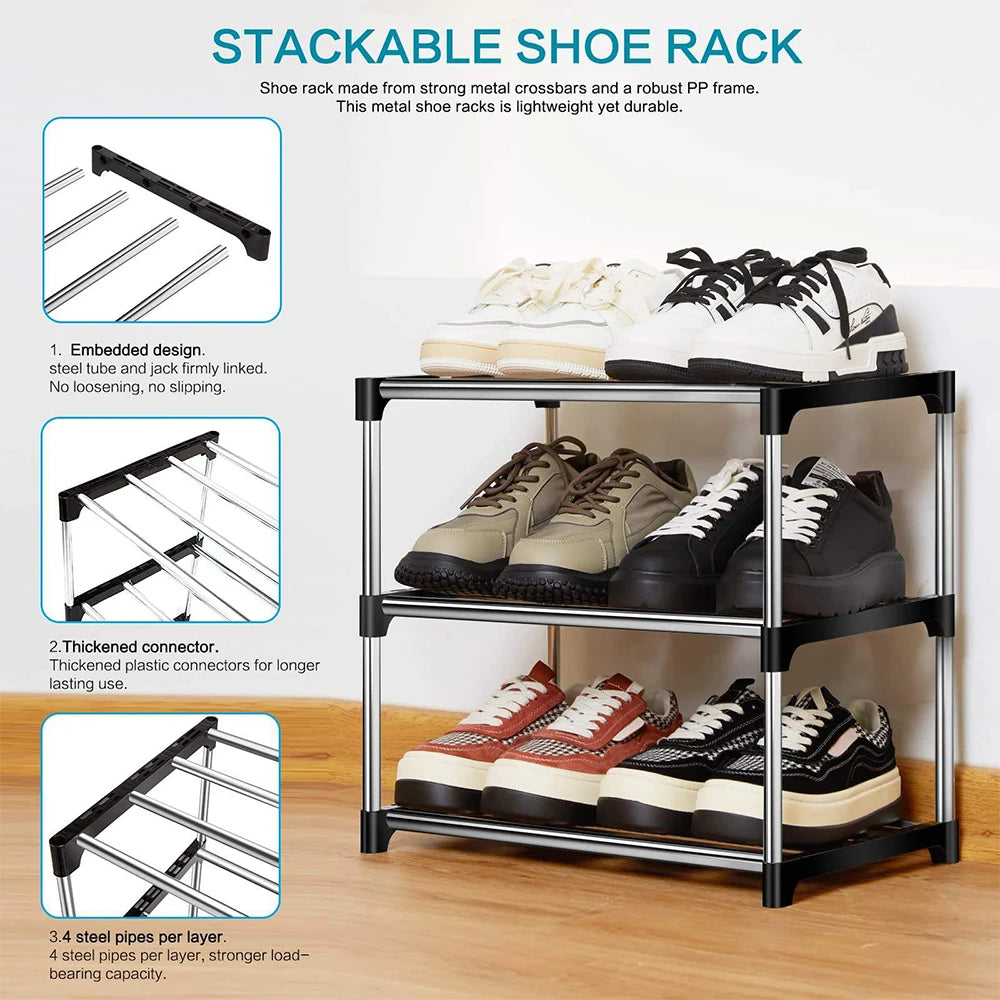étagère chaussures empilable noir moderne rangement chaussures baskets bottes sacs pvc structure métallique panneaux