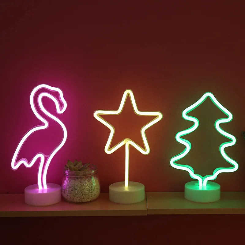 lampe néon vert rose jaune cactus flamant ananas moderne décoratif intérieur usb batterie