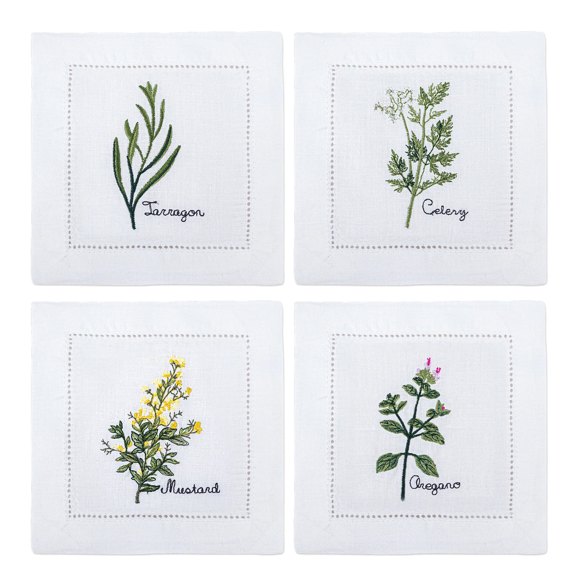 serviette cuisine lin blanc brodée motifs plantes aromatiques naturelle table élégante