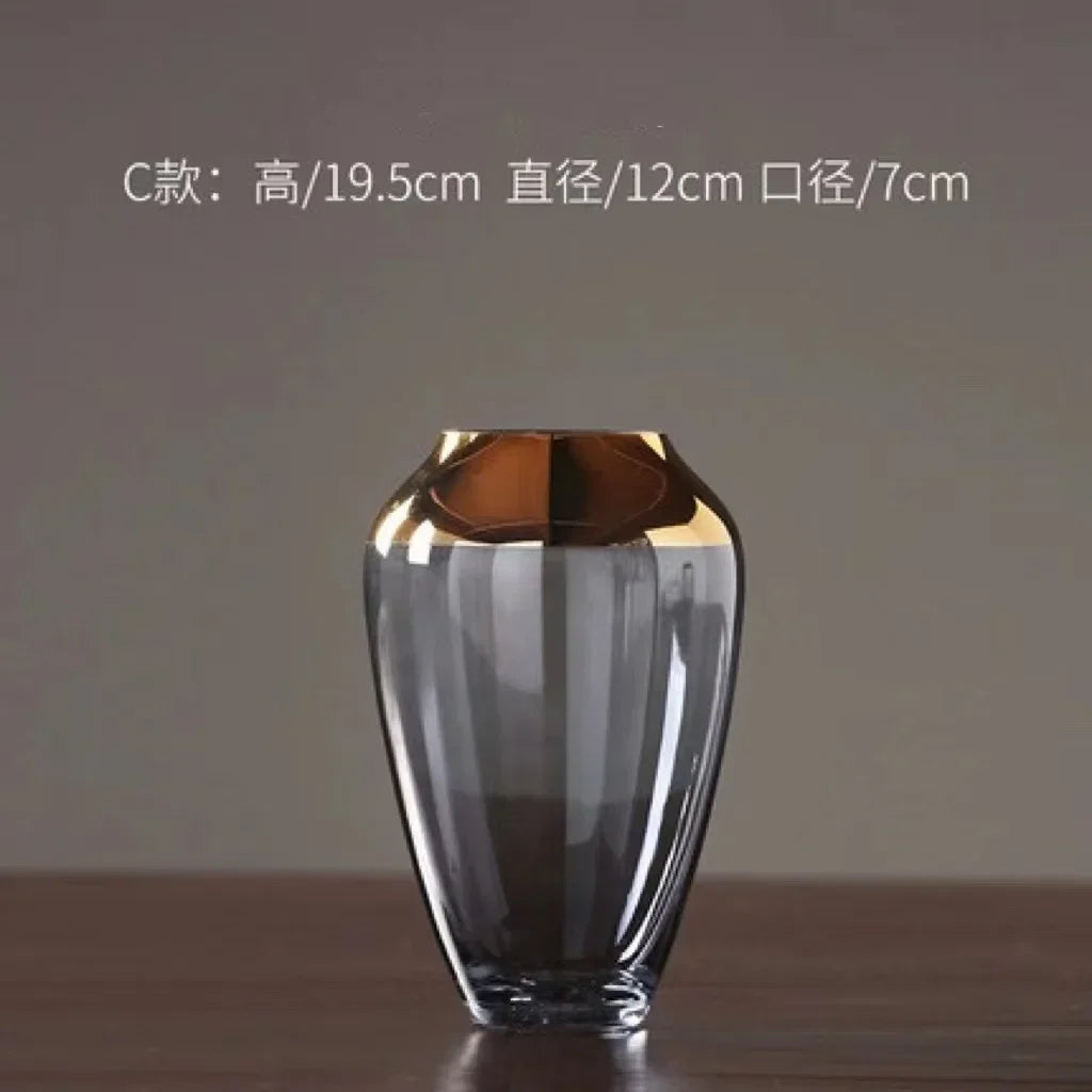vase transparent moderne fleurs artificielles bleu doré élégant bouche vase 10cm largeur 16cm hauteur