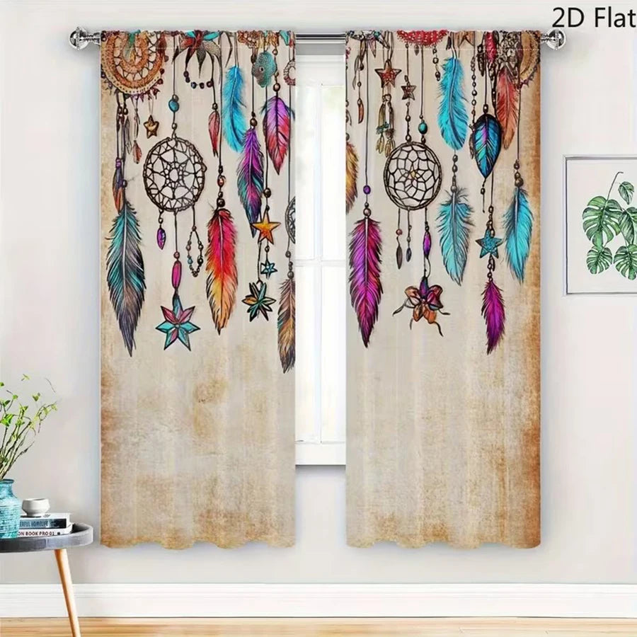 rideau ethnique bohème imprimé plumes étoiles anneaux beige multicolore moderne maison