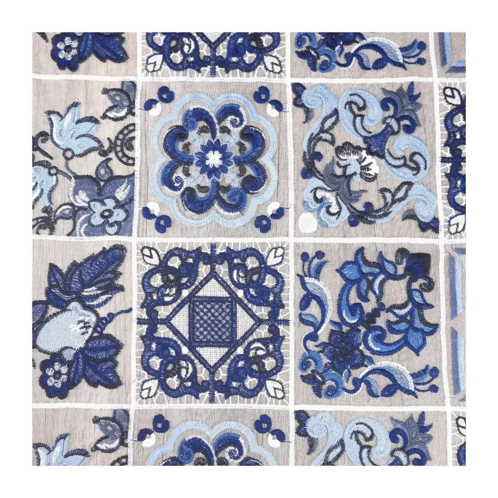 écharpe ethnique patchwork floral géométrique bleu gris blanc opaque traditionnelle française