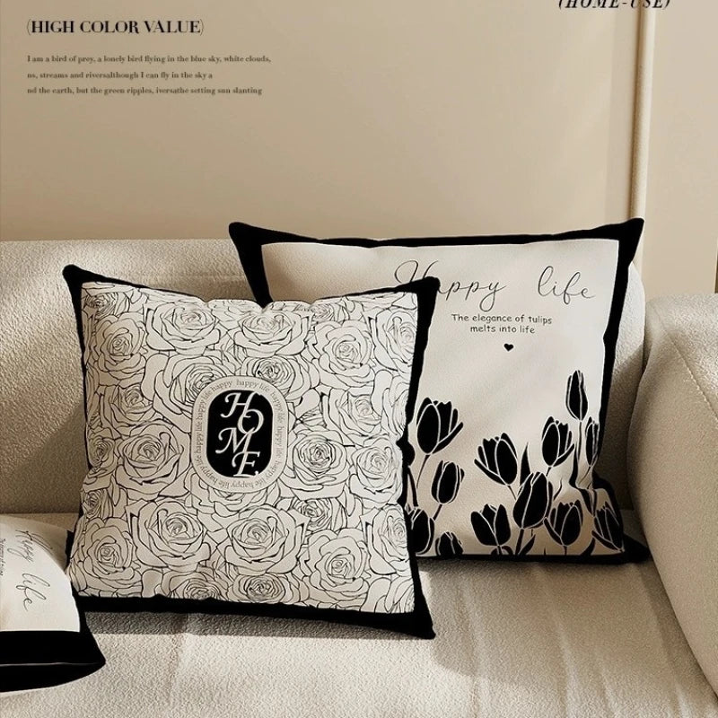 housse coussin moderne motif floral polyester respectueux environnement blanc noir fixations