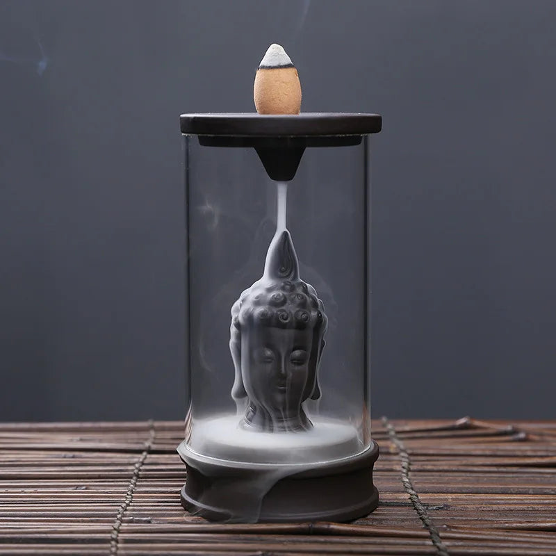 diffuseur encens bouddha verre transparent sculpture tête noir beige minimaliste