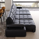 canapé d'angle moderne cuir noir boutons carrés coussins reposé pieds multifonctionnel
