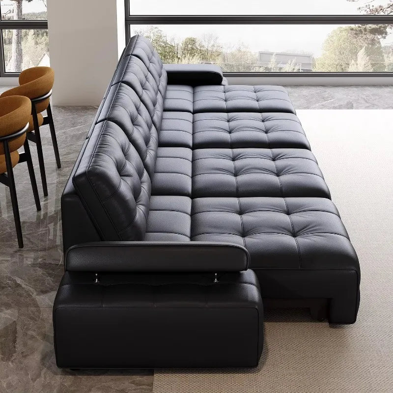 canapé d'angle moderne cuir noir boutons carrés coussins reposé pieds multifonctionnel