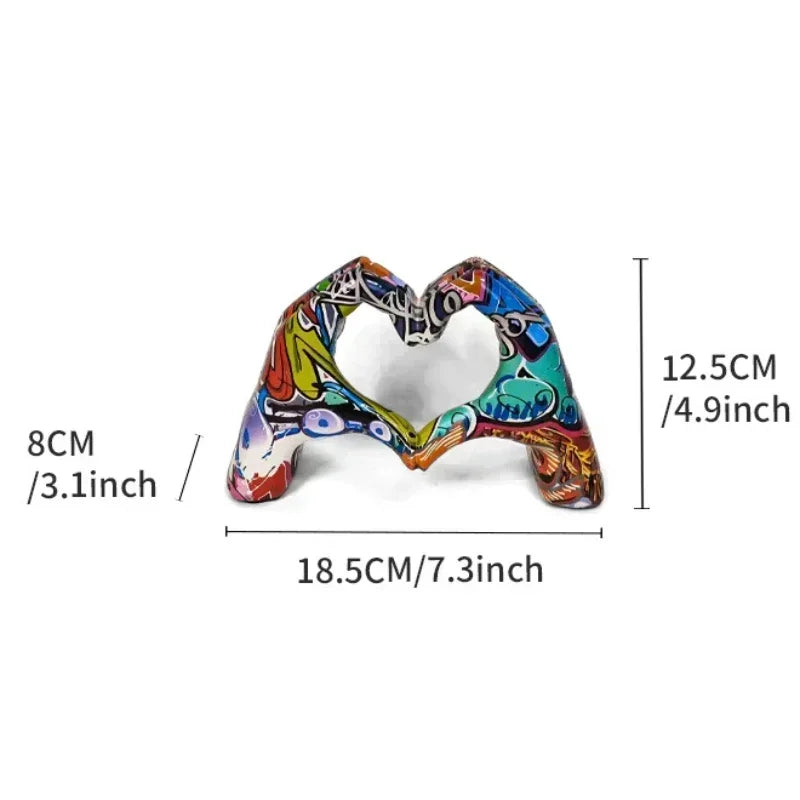 statuette mains cœur multicolore résine moderne graffiti salon décoration contemporaine abstraite ornement artistique