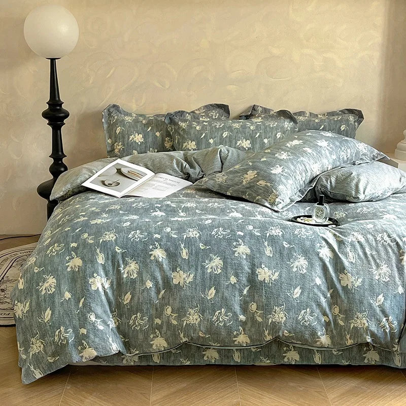 ensemble literie coton lin bleu gris motifs floraux drap plat taies oreillers vintage douillet