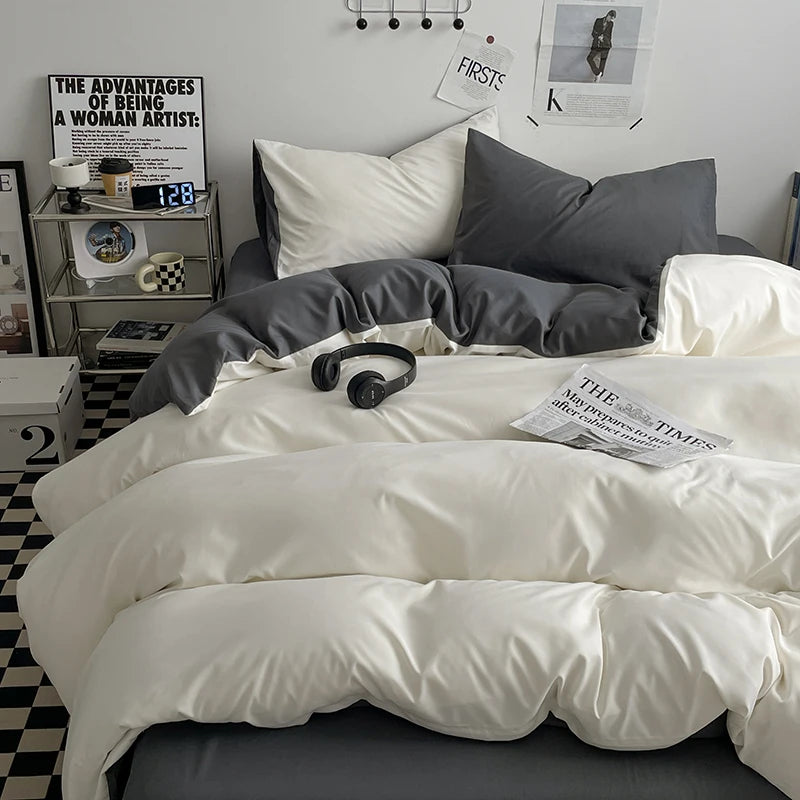 parure lit ensemble housse couette double deux taies d'oreiller coton moderne
