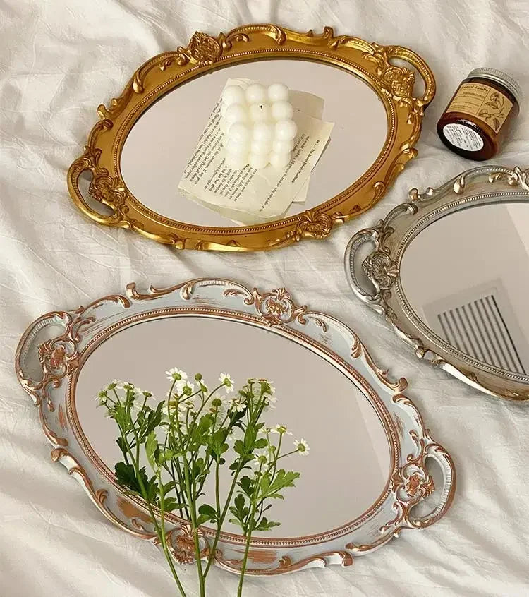 miroirs ovales or argent rose ornements floraux baroques poignées bijoux colliers fleurs artificielles parfum