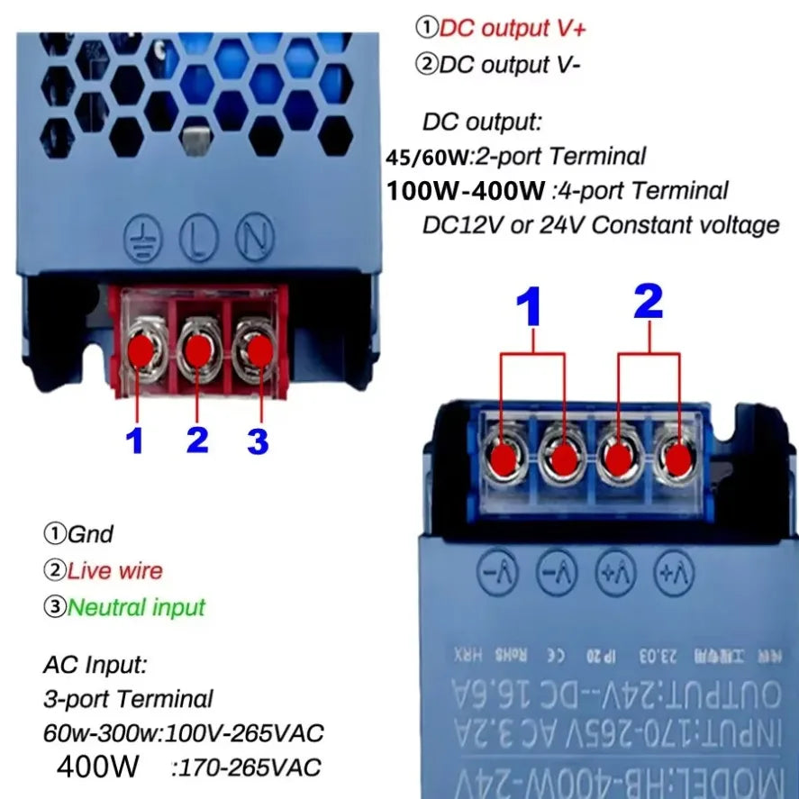 transformateur puissance 12v 24v 45w 60w 100w bleu industriel silent led alimentation électrique certification