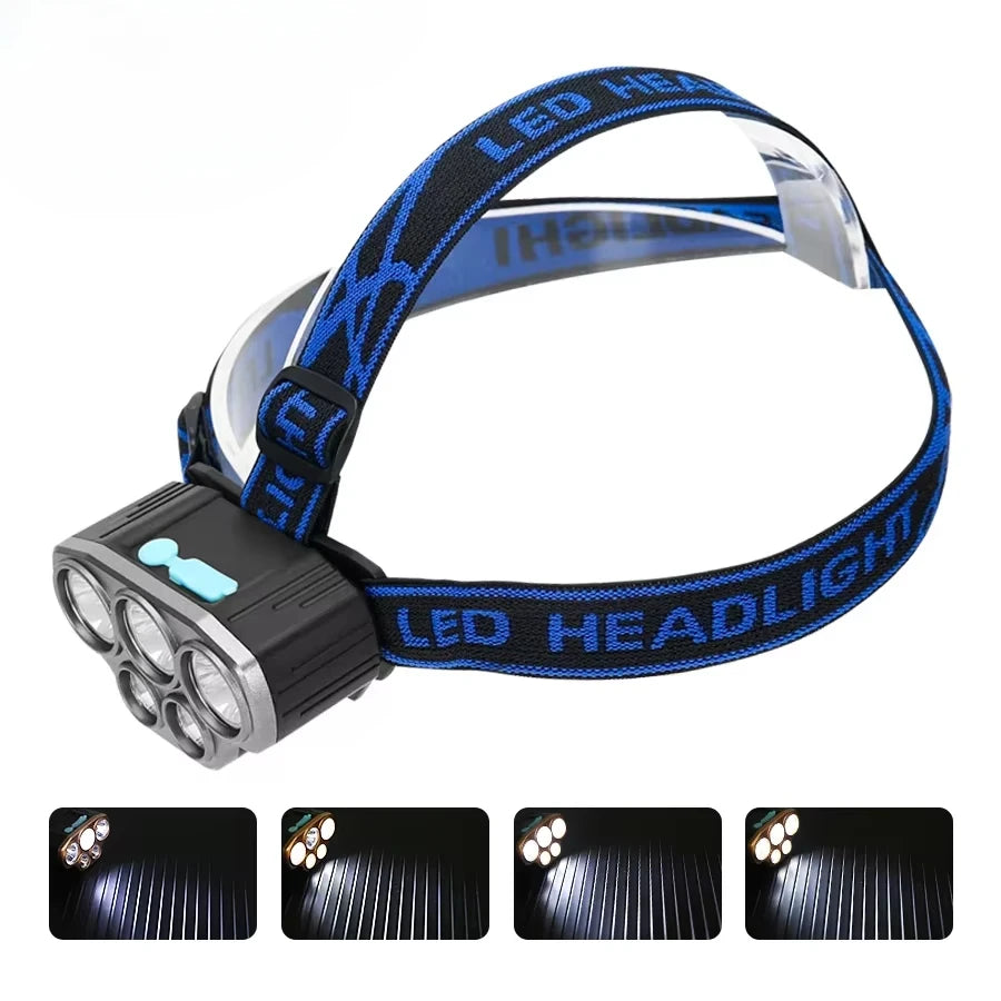 lampe frontale led rechargeable usb pêche chasse camping étanche modes luminosité bandes ajustables interrupteur