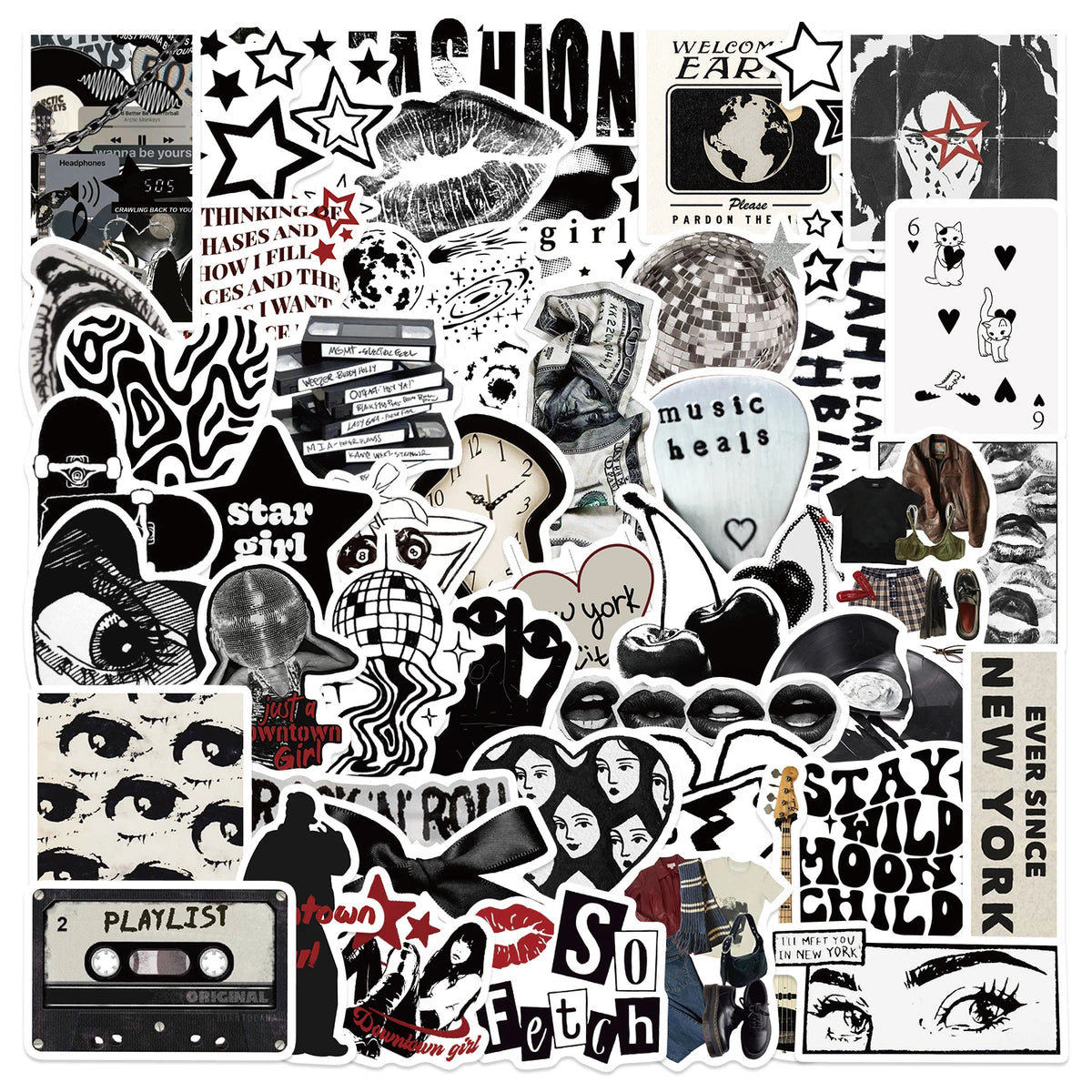 stickers pop art graphiques adhésifs vinyle noir blanc yeux lèvres coeurs cassettes yeux vintage
