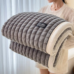 couverture double couche fausse fourrure beige rayures horizontales deux oreillers canapé