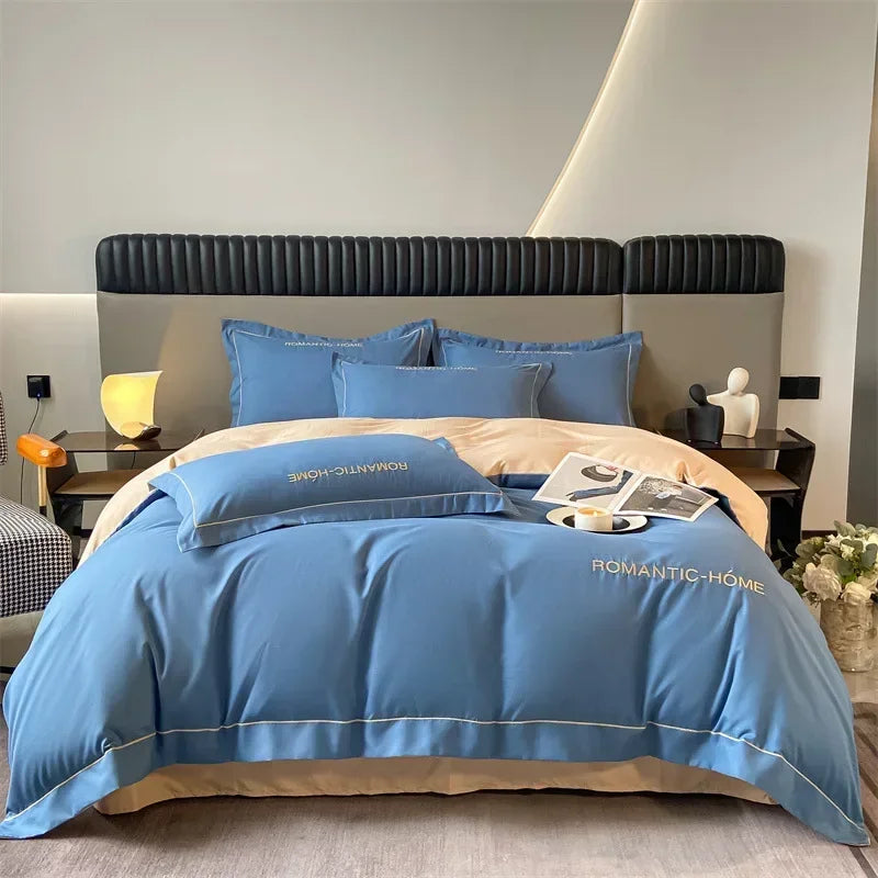 ensemble literie coton uni moderne beige bleu clair orange satiné