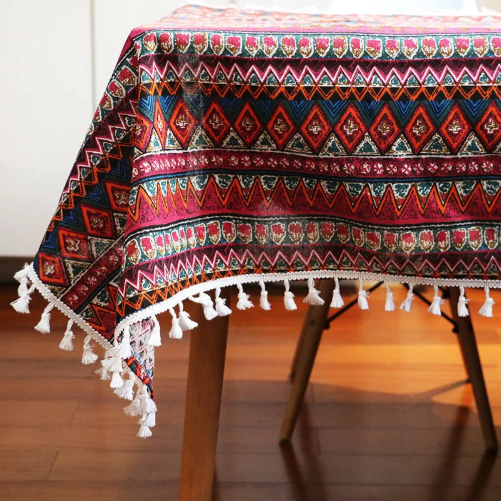nappe table rectangulaire ethnique imperméable réutilisable coton polyester motifs géométriques tassels