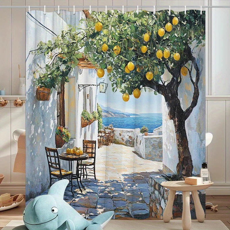 rideau douche polyester scène méditerranéenne citronnier mer décor élégant vert jaune blanc bleu marron